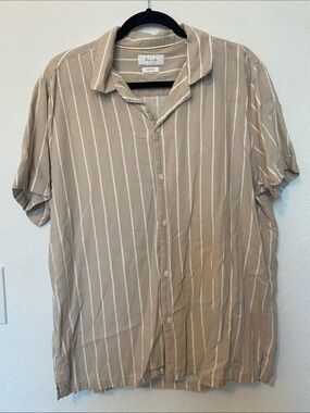 Porter & Ash Linen Blend Striped Short-Sleeve Button-Down Shirt — Beige/White